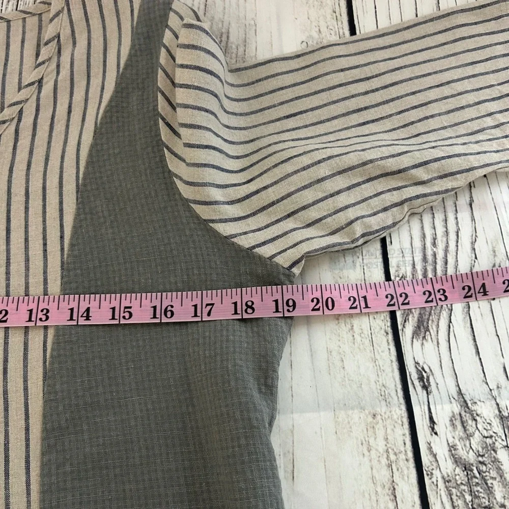 Khangura Womens 100% Linen Striped Color Block V-Neck 3/4 Sleeve Top S‎ Artistic